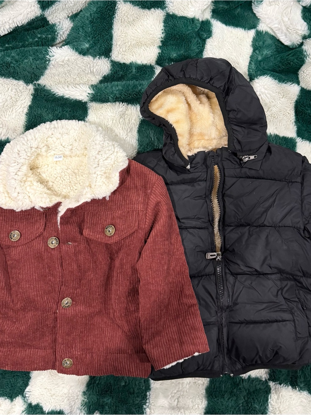Toddler size 18-24 months  Black Hooded Puffer and corduroy jacket bundle.